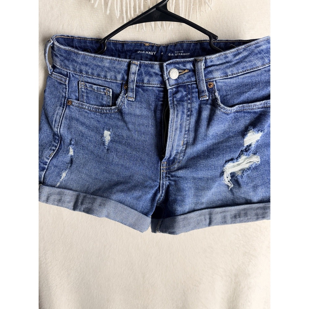Old Navy Jean Shorts Womens 4 High-Rise OG Straight Rolled Cuff Distressed Blue